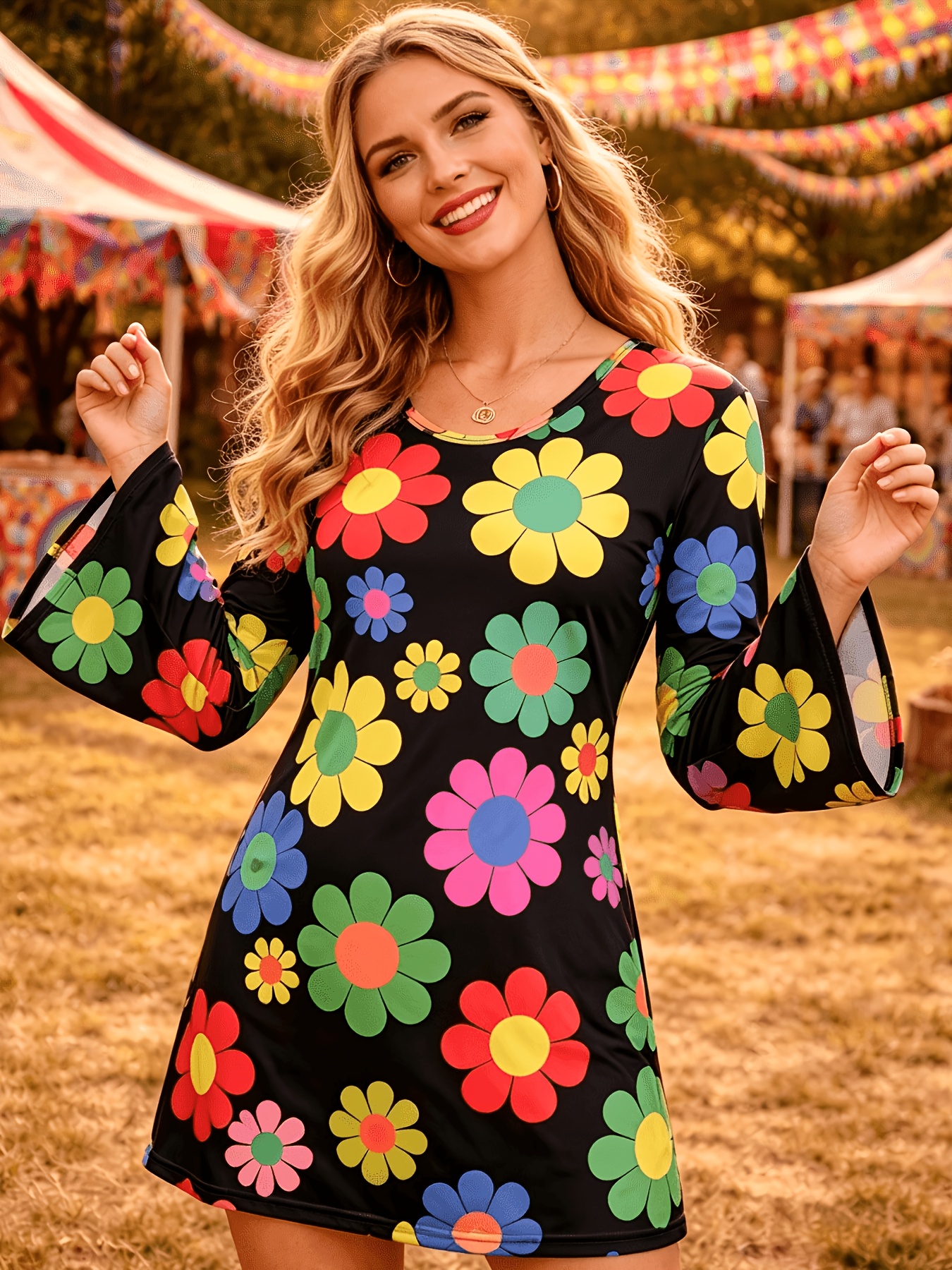 bell sleeve mini dress 70s 60's-70's 2Pc Multi Floral Print Dress & Headscarf 1X Feminine and flirty Chiffon Fabric with Full Lining Women's 60s 70s Hippie Boho