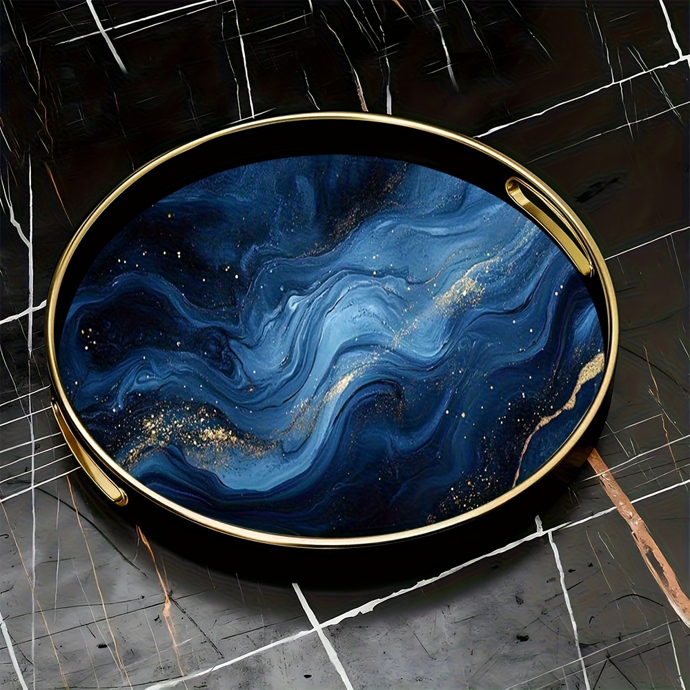 TEMU [JIT] 1 pièce Plateau Décoratif en Verre, Fond Marbre Foncé et Doré, Décoration d'Intérieur , de Bureau, Idéal pour Bijoux, Parfums et Autres
