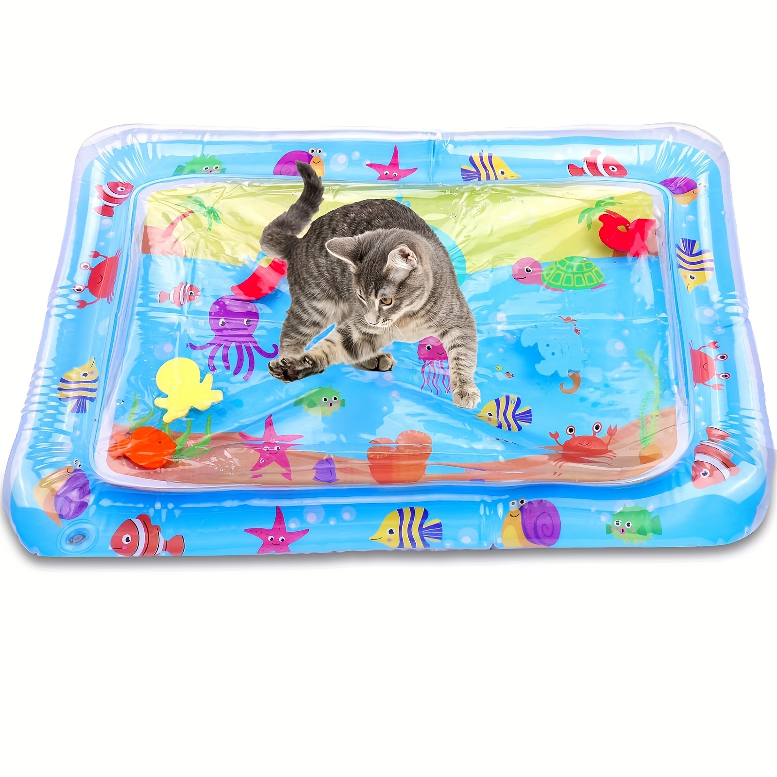 

Deluxe Thick Water Play Mat For Cats - Upgraded, Non-electric Pvc Cat Toy With Ocean Motifs For Indoor Fun