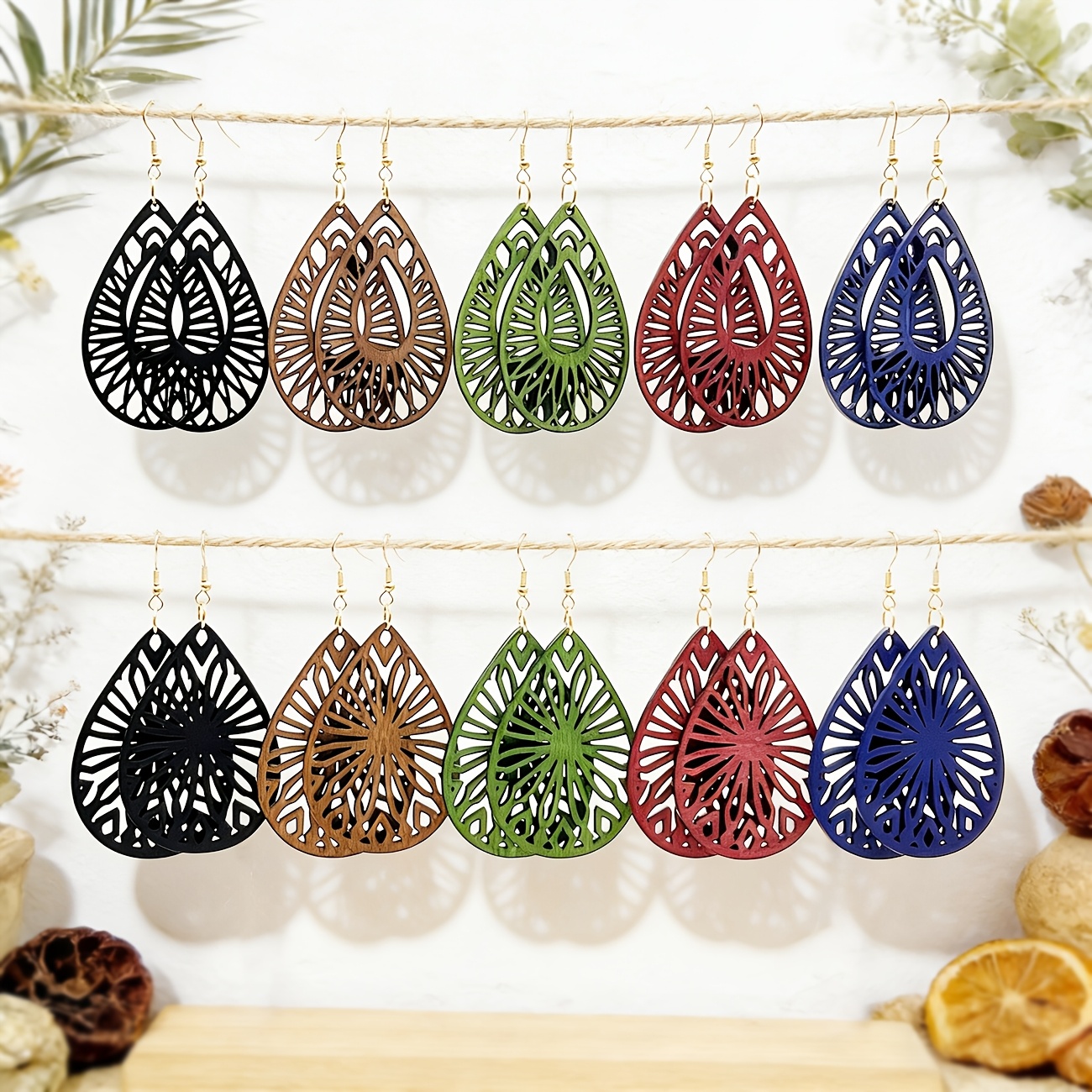 5 Pairs Vintage Geometric Wooden Pendant Earrings Set