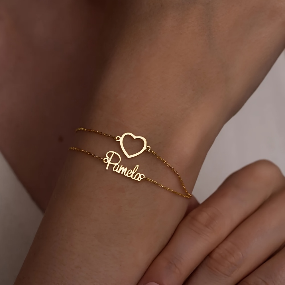 TEMU Bracelet nom personnalisé à double chaîne, bracelet cœur personnalisé avec nom, bracelet étiquette de nom en acier inoxydable délicat, un cadeau