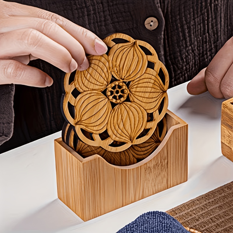 Image of 5pcs Set Of Wooden Coasters With Lotus Petal Patterns, Heat-resistant Table Mats, Suitable For Dining And Tea Drinking, Christmas And Halloween Party Home Decor Accessories, Hand Washable
