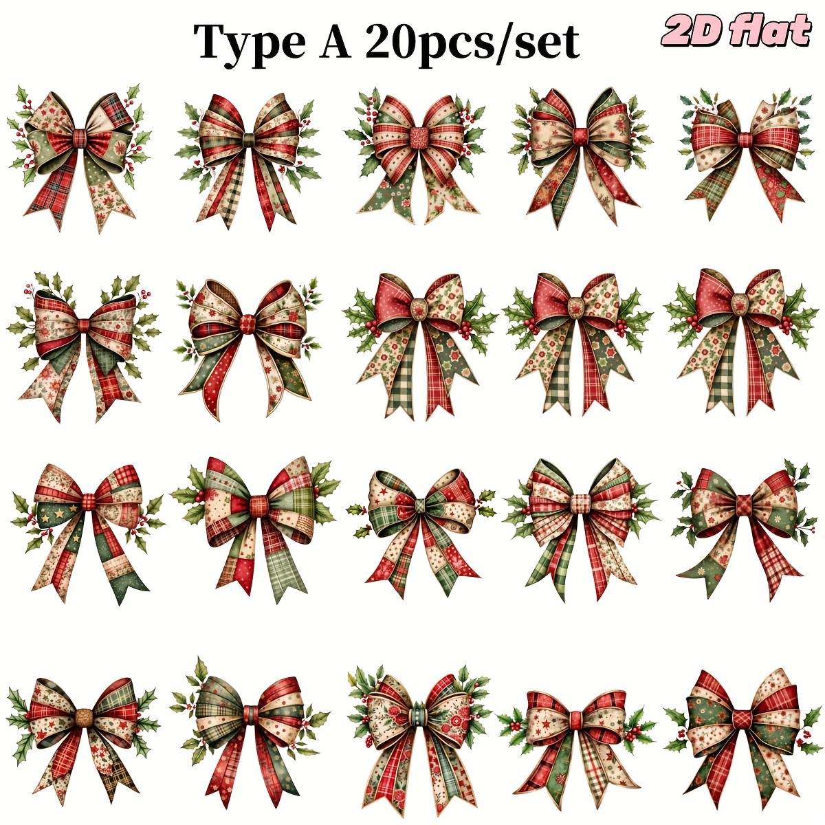 TEMU 20pcs/set Handmade Creative Retro Christmas Splicing Bow Decoration Gift Series 2d Flat Stickers Suitable For Garbage Diary, Notebook, Scrapbook