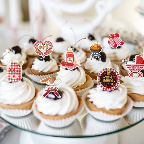40pcs bbq baby shower decorations baby shower decorations cupcake toppers cupcake picks cake decor barbeque picnic themed party supplies summer gender reveal party decor