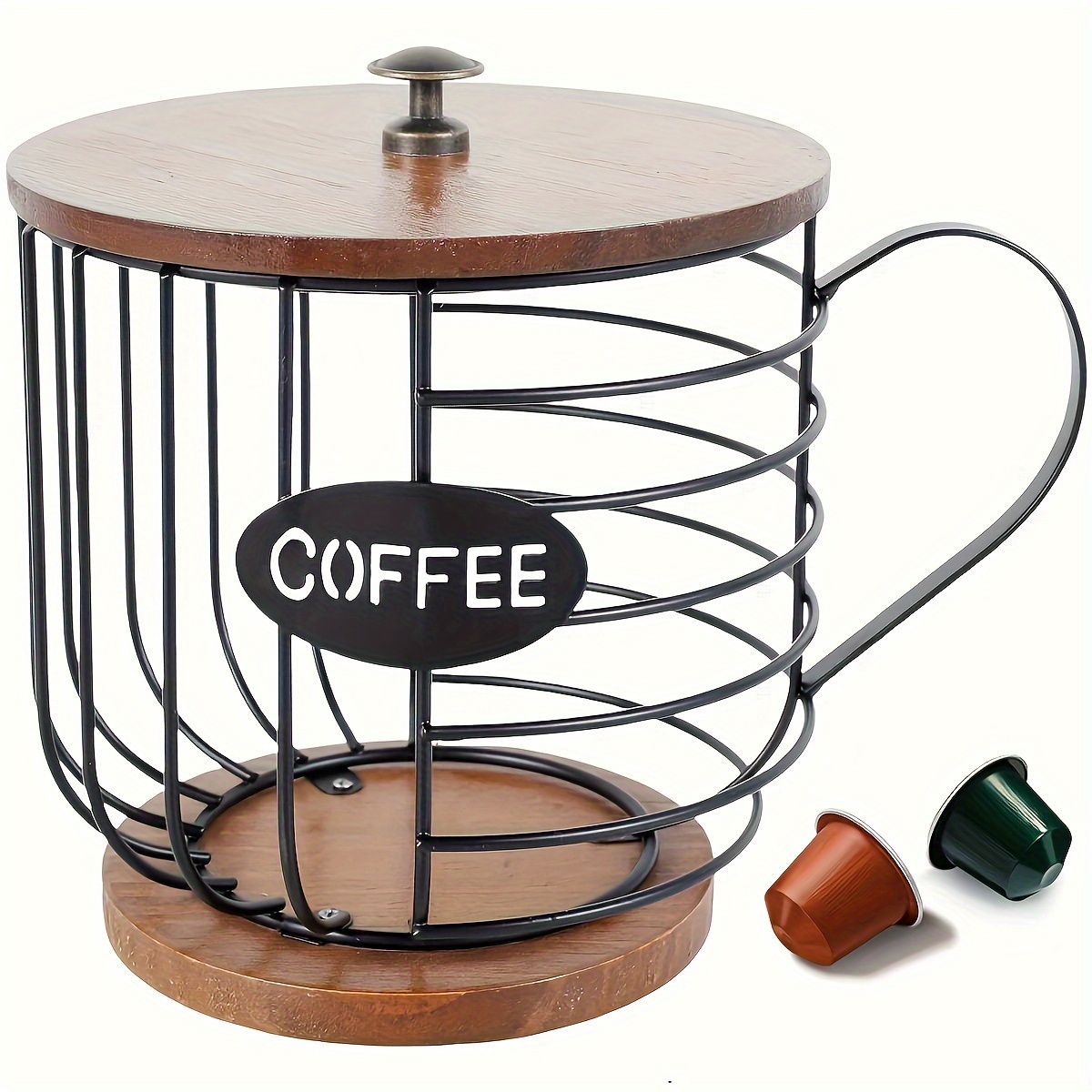 

1pc Coffee Pod Holder - Large Capacity Black Wire Cup Storage With Wooden Base - Modern Coffee Basket Decor For Kitchen Countertop For Pods & Espresso Capsules, Home Kitchen Supplies