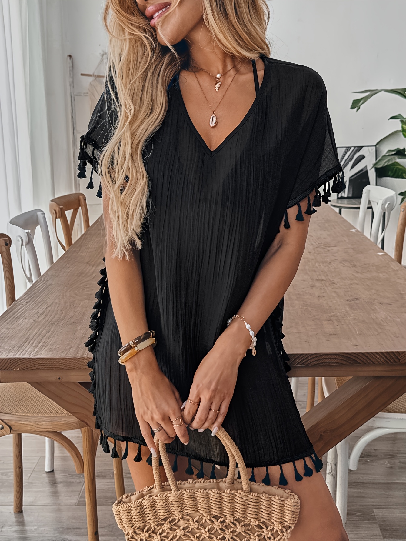 Boho Chic Black V-Neck Tassel Trim Cover-Up Dress Semi-Sheer, Machine  Washable Beach Vacations Casual