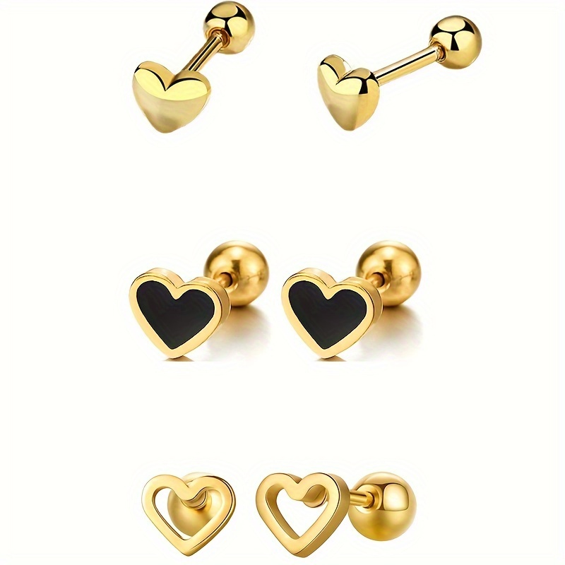 

3pcs Set Of Golden Stainless Stud Earrings - Cute & For Casual Attire, Perfect Valentine's Gift, Mini Heart-shaped, Ear