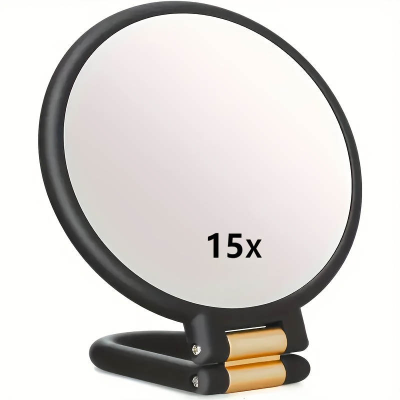 Portable Dual-sided Folding Mirror With Adjustable Handle, 1x/15x Magnification, Handheld Travel Makeup Mirror, Polished