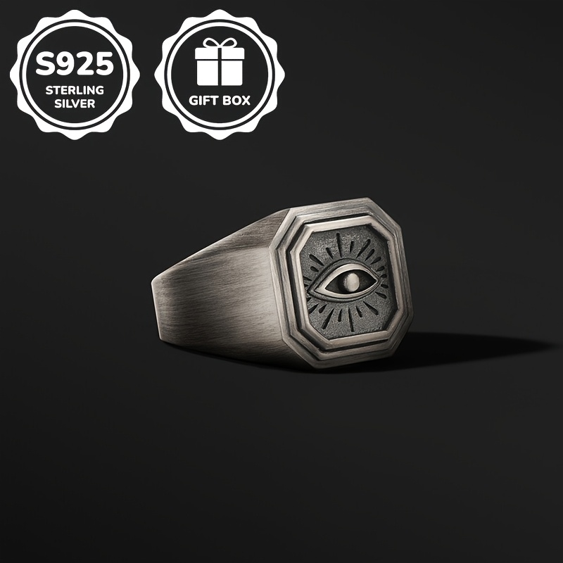 Image of 1pc S925 925 Silver Fashionable Retro Evil Eye Ring Street Style Additions Unisex Open Adjustable High-quality Jewelry Suitable For Daily Casual Party Wear