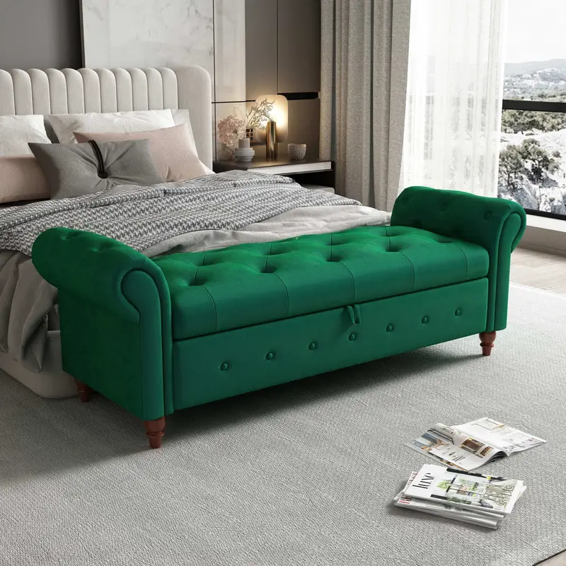 Mid-Century Storage Ottoman Bench With Rolled Arms - Velvet Upholstered, Tufted, For Bedroom Or Living Room