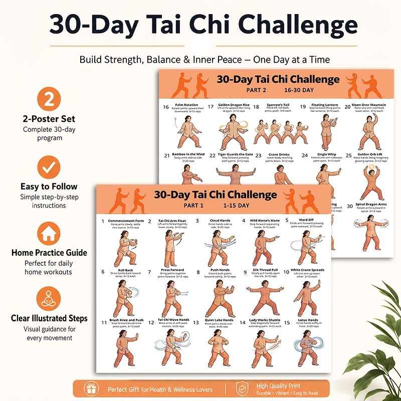 TEMU 30-day Tai Chi Fitness Challenge Poster (1-15 Days And 16- 2 ), Beginner Tai Chi 30-day Challenge Chart, Tai Chi Posture Diagram Poster, Fitness