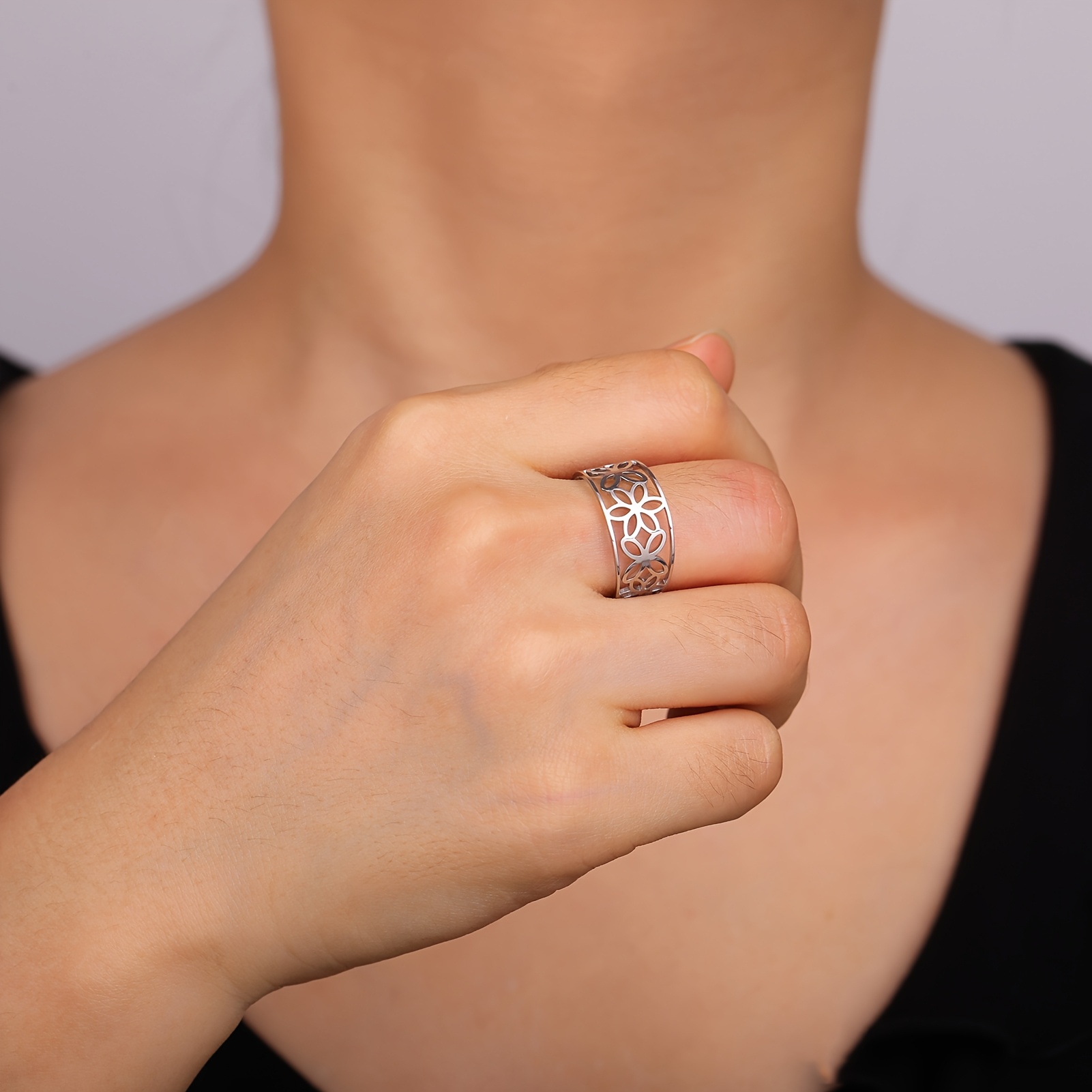 Floral Motif Stainless Steel Ring, Exquisite Design