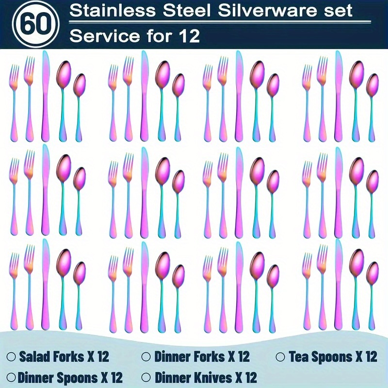 TEMU 60/20pcs Stainless Steel Rainbow Silverware Set - Heavy Duty Commercial Silverware For Restaurants, Weddings & Home | Dishwasher Safe,