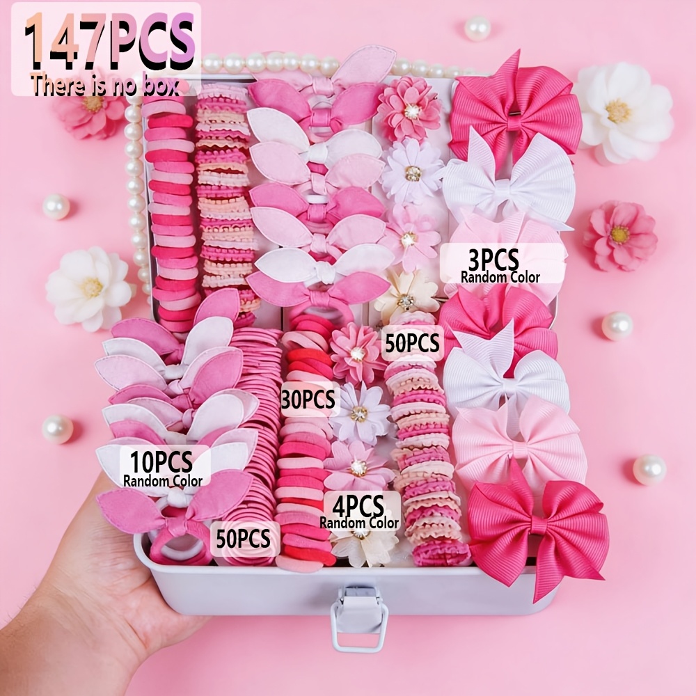 TEMU 147pcs Random Color Hair Ties - Pink Series Hair Tie Set, Includes Various Colored Hair Ties And Elastic Bands, Suitable For -style Hairstyles,