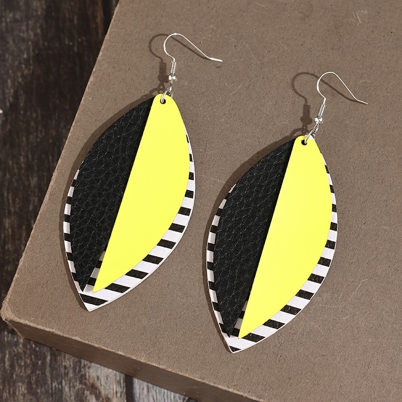 Women's Bohemian Yellow and Black Color-block Leaf Statement Earrings