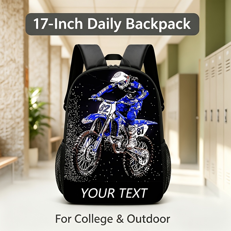 TEMU 1pc 2d Printed Customized Personalized Backpack, Motocross, Rider Lightweight Backpack, , With Adjustable Shoulder Straps, Zipper Closure,