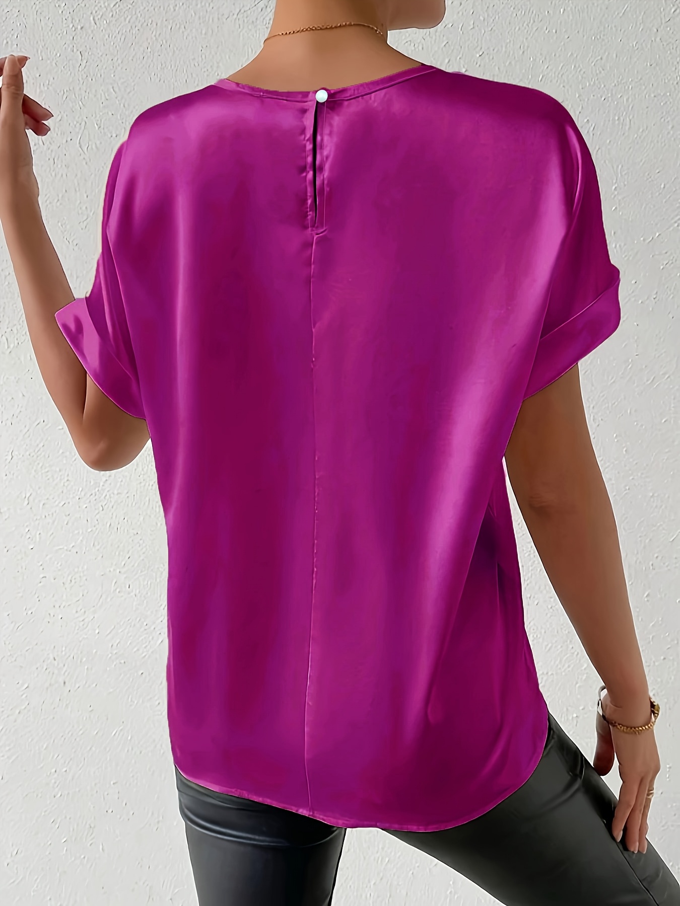 Women'S Plus Size Light Blue Woven Blouse - Elegant Short Sleeve Crew Neck, Solid Color, Non-Stretch Fabric, Perfect for Summer, Casual Summer Wear|Sleek Fitted Look|Nonstretch Material, Plus Size Blouses