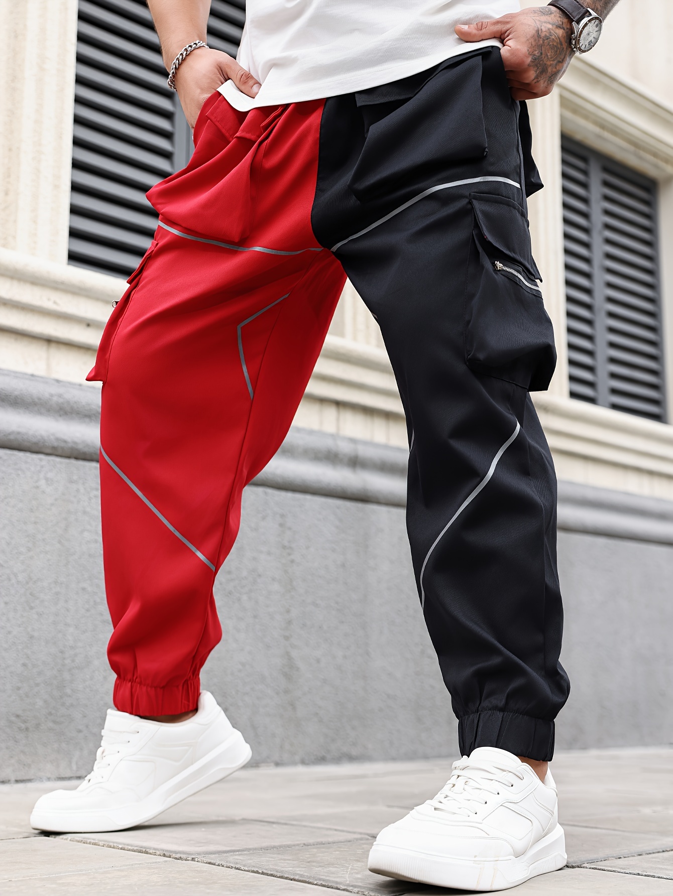 plus size men's reflective binding drawstring waist jogger