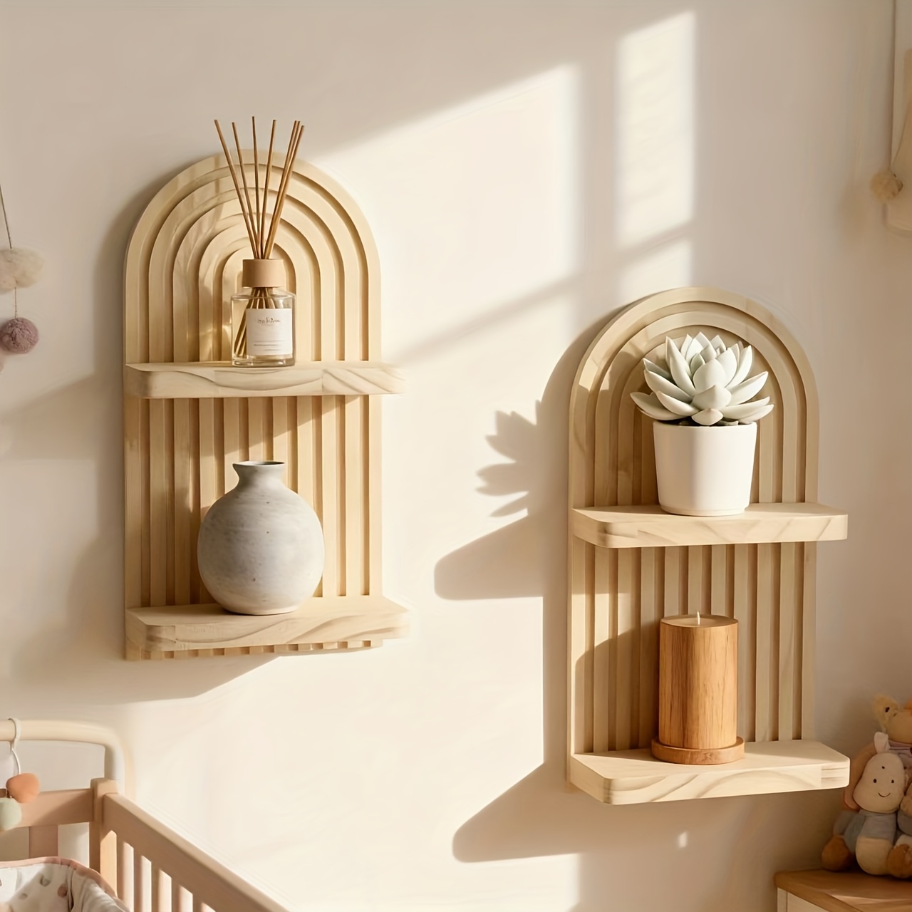 E-shop 2 Stück Holz Bogenwandregal, Mehrschichtige Aufbewahrungs- Dekorationsablage, Nordisches Minimalistisches Wohnaccessoire