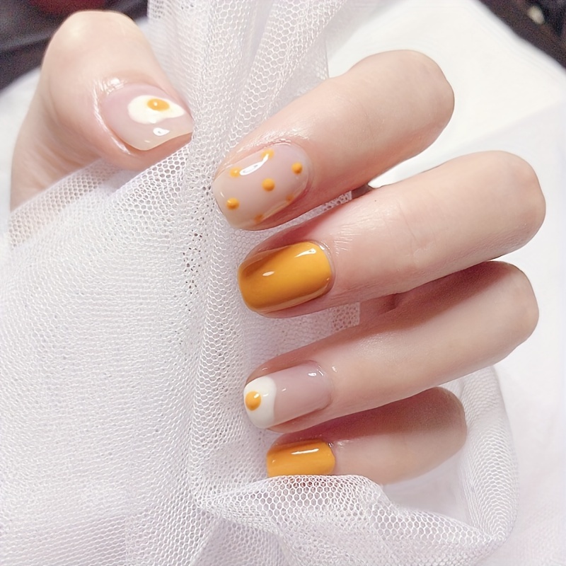 24pcs cute series press on nails sweet heart cat flower and fried egg patterned false nails macaroon yellow medium square shaped fake nails self adhesive nail patches for women easy to apply and long lasting nail art strips details 2