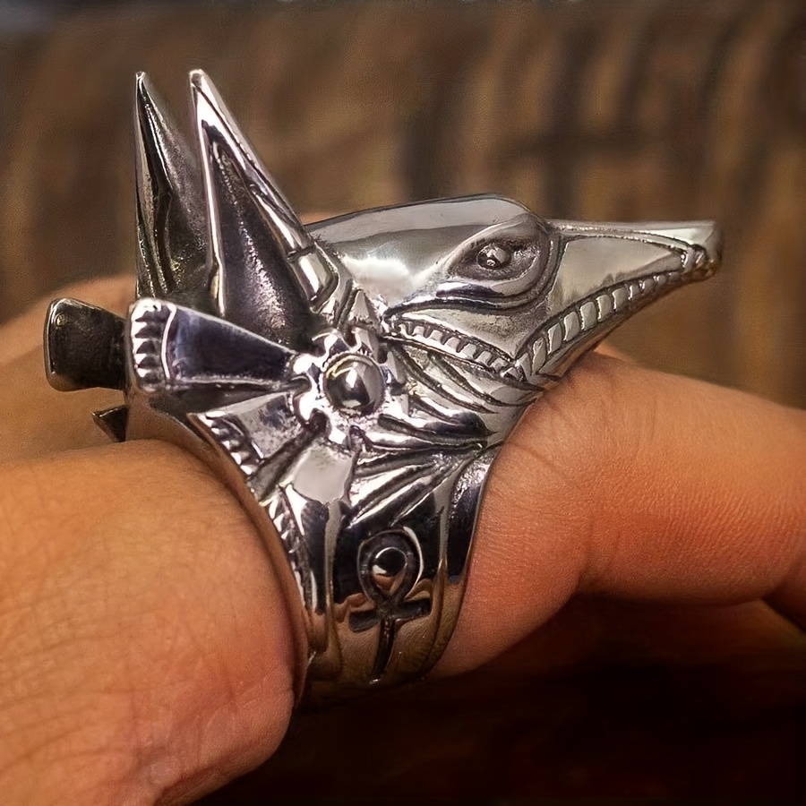 Men's Large Anubis Ring, Egyptian God Design, Hip-Hop Style