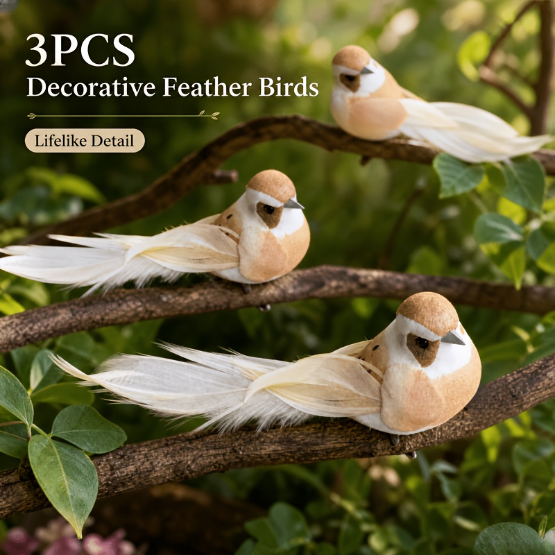 TEMU Lot de 3 ornements d'oiseaux suspendus réalistes, en mousse légère avec pinces intégrées pour une fixation facile. Convient pour les oiseaux