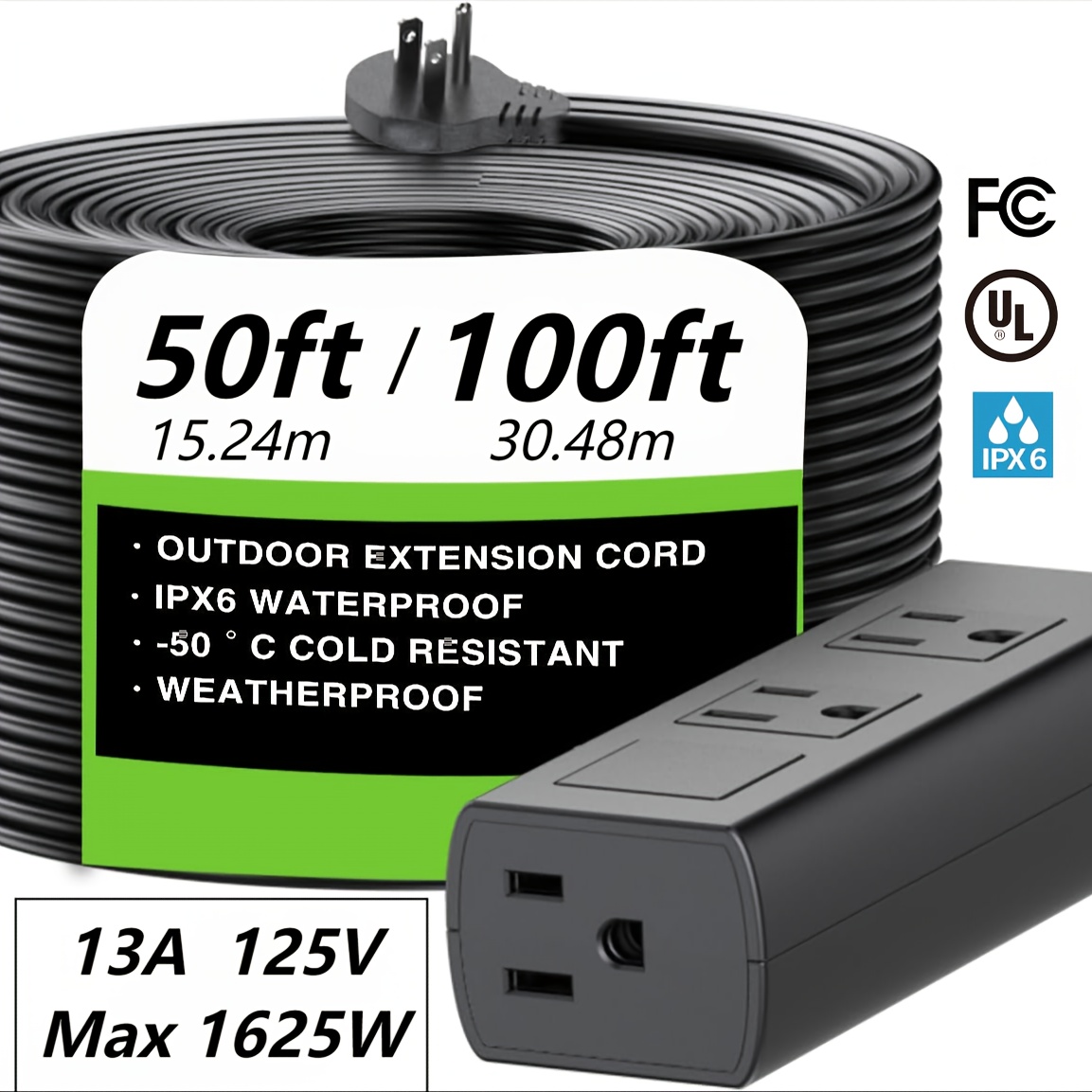 

50ft/100ft Outdoor Extension Cord - With Weatherproof Waterproof Fireproof Protection, 1625w Protection, Fcc For Kitchen, Patio, Christmas Lights, And Outdoor Events.