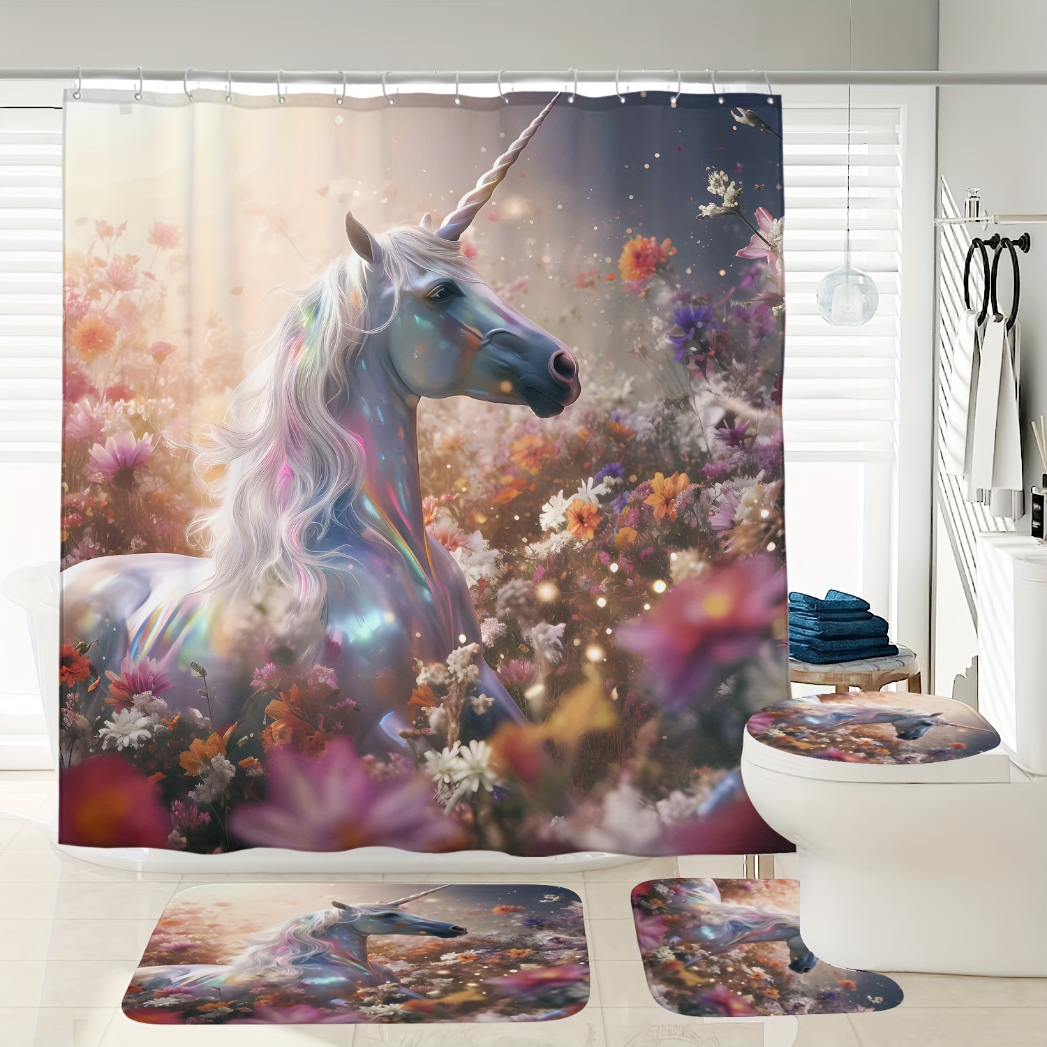 

1/3/4pcs Flower And Unicorn Pattern Shower Curtain Set, Shower Curtain With 12 Hooks, Non-slip Bath Mat, U-shaped Toilet Mat, Toilet Mat, Bathroom Decor Accessories