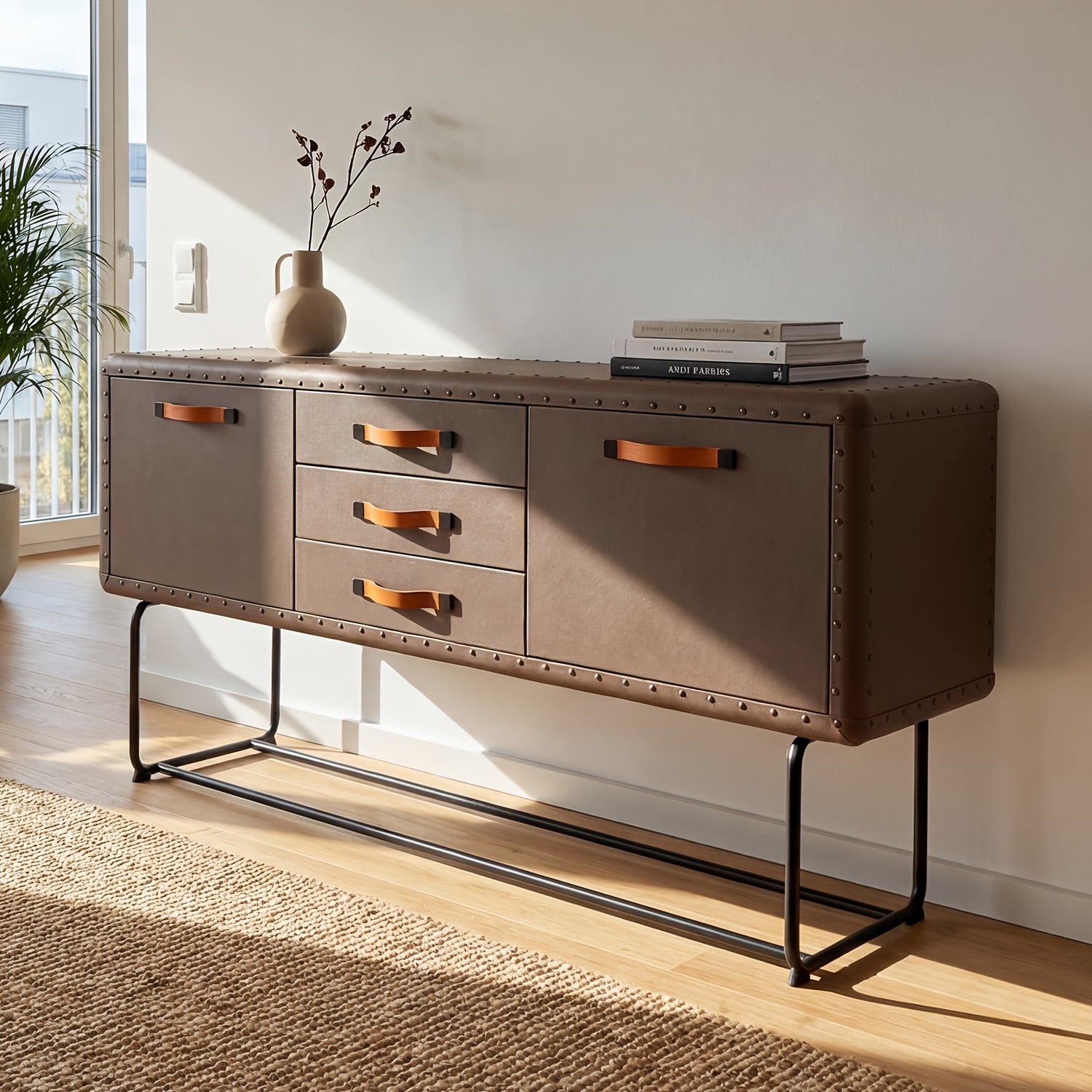 Image of Sideboard Cabinet, Brown Leather-look With Metal Legs, 160cm Wide, 3 Drawers And 2 Doors, Retro Design For Living Room Dining Room