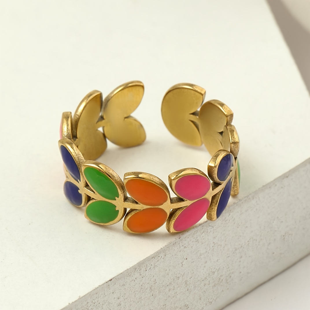 Women's Adjustable Open Leaf Ring, 14K Plated Stainless Steel