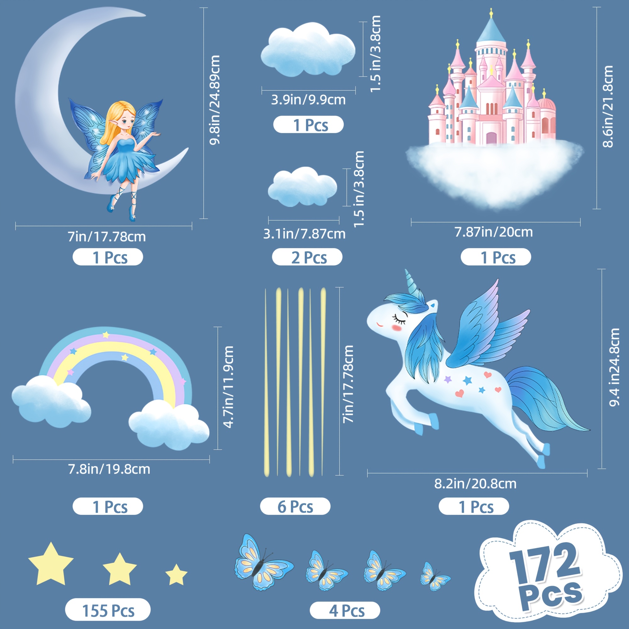 Image of 172pcs Glow In The Dark Stars And Unicorn Wall Decals | Meteor Glowing Castle Moon And Rainbow Stickers, Luminous Ceiling Decor For Bedroom, Blue, Vinyl, Semi-matte End