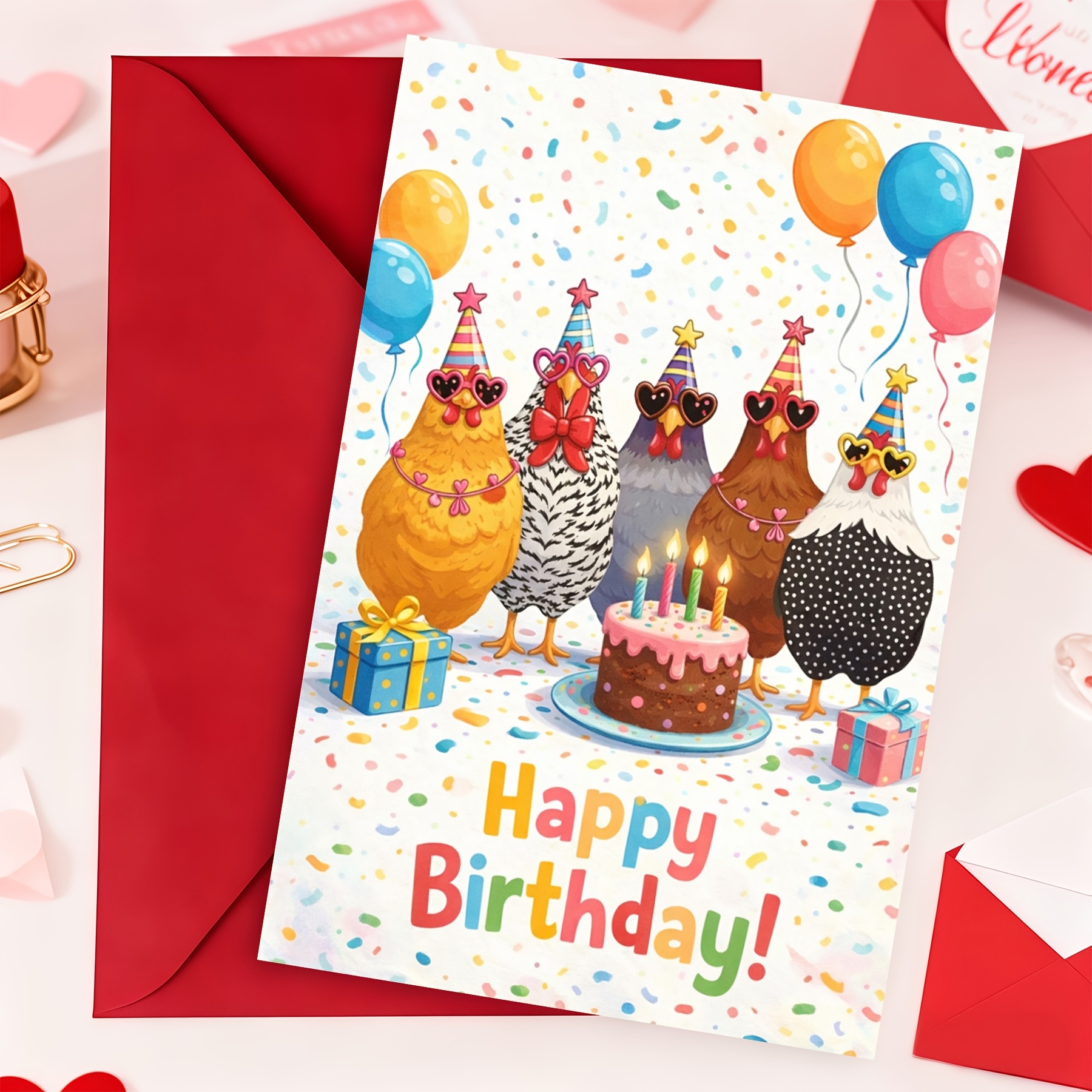 TEMU Carte de vœux d'anniversaire avec enveloppe, motif de de fête, ballon, , animal , gâteau, cadeau, carte de fantaisiste, amusante et décontractée