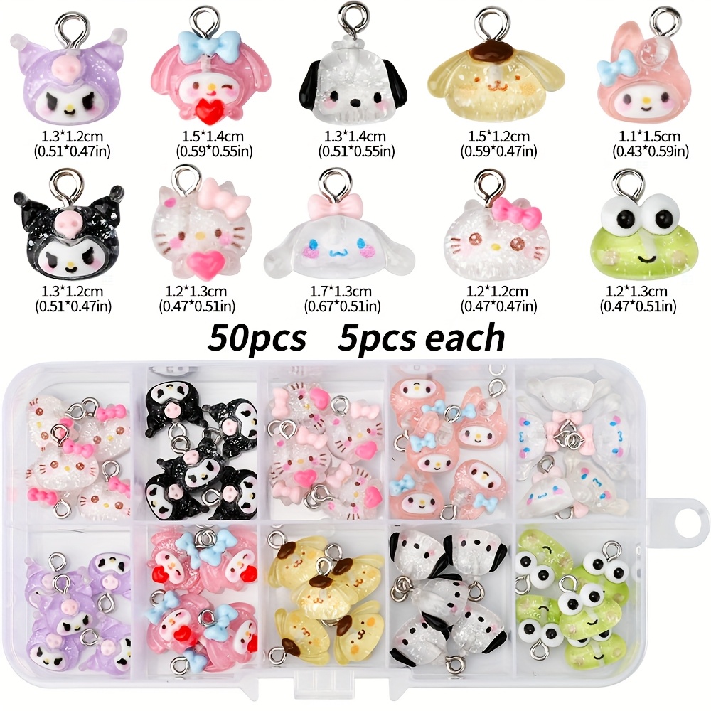 Image of 50pcs/box Character Pendant Charms, 3d Clear And Matte Resin Pendants, Adorable Cartoon Hellokitty/kuromi/melody/cinnamoroll//pompompurin/keroppi Designs For Jewelry Making Additions