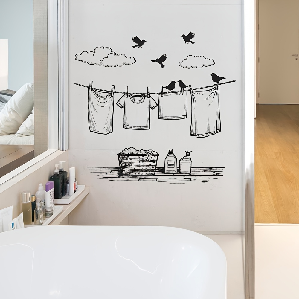 Image of Minimalist Clothesline With Clouds And Birds Stickers, Self-adhesive Waterproof Removable Laundry Room Wall Decals For Home Decor Peel And Stick Stickers 30*60cm/11.8*23.6inch