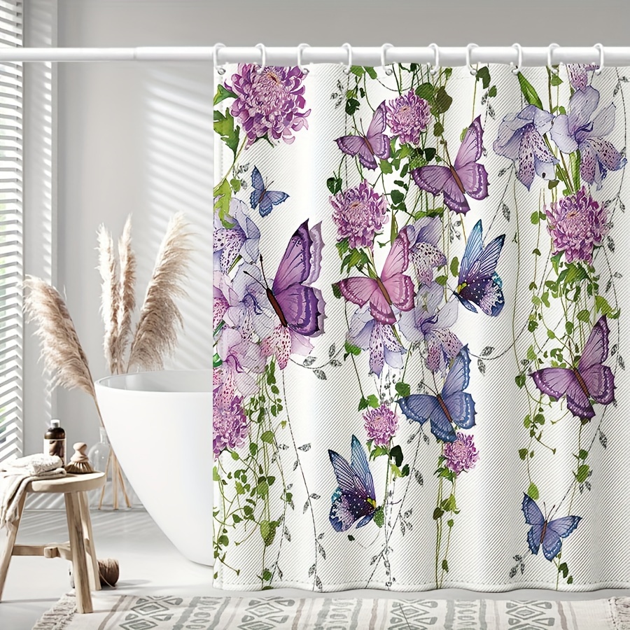 

1pc Purple Floral Butterfly Pattern, Waterproof, 12 Plastic Hooks Included, Bathroom Accessories, Bathroom Decor