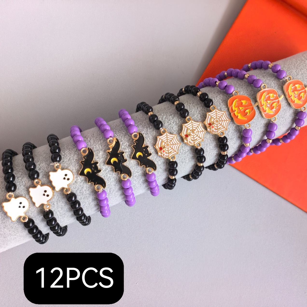 TEMU 12pcs Halloween Large Set With Pumpkin, Bat,, And Spider Web Elements - Creative, , And Cute Bracelets For Couples, , Parties, Men, And Women -