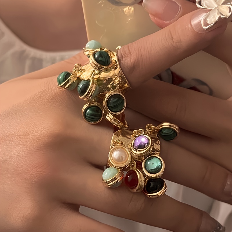 

Vintage French Multi-layer Open Ring Set With Colorful And Tassels, 18k Gold-plated Alloy, Elegant Pendant Design, Suitable For Everyday And Holiday Wear