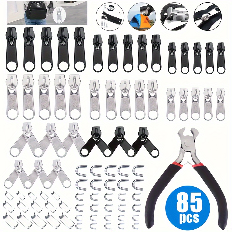 

85pcs Zipper Repair Kit With Replacement, Dual Pull Head For Diy Jackets, Jeans & Tents - Includes Pliers Tool, Black