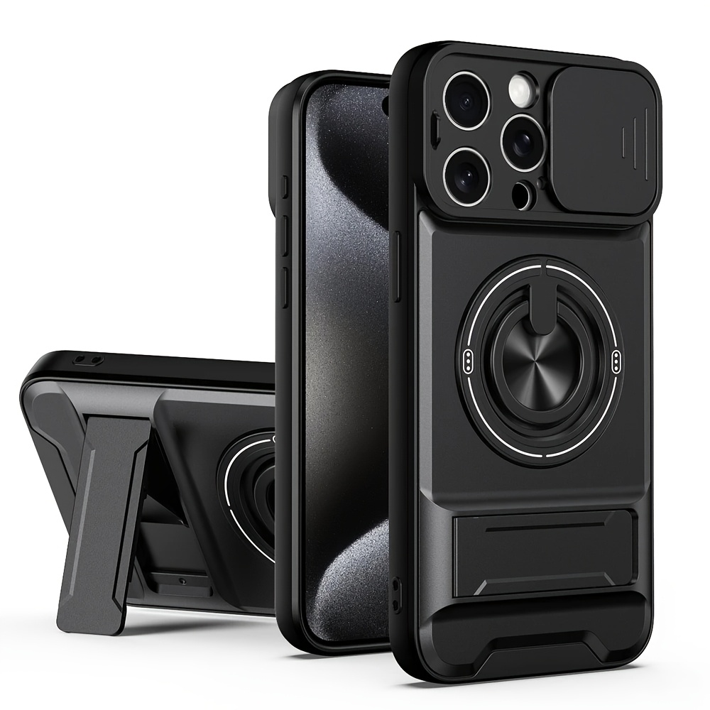 Phone Case: Luxury Multi-functional Creative Sliding Window Rotating Ring Holder Phone Case For Iphone 17 16 15 14 13 12 11 Pro Rugged Fashion Magnetic Wireless Charging Shock-proof Lens Protection