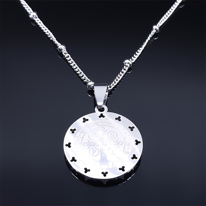 Catholic St. Benedict Medal Necklace, Silvery Chain Jewelry