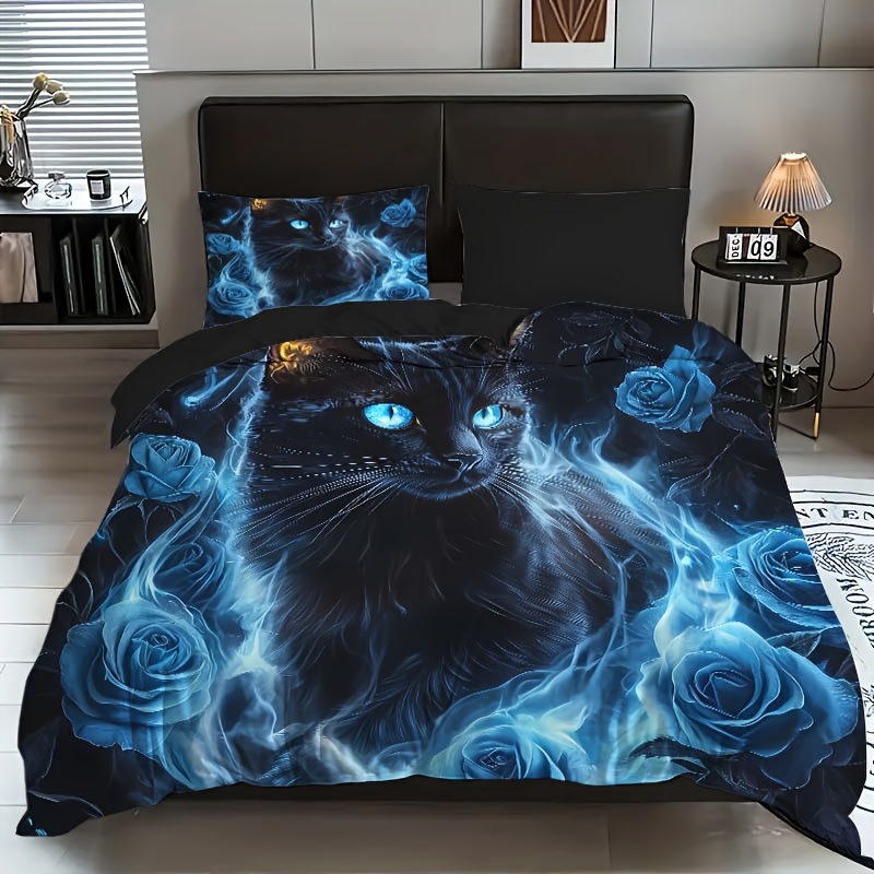 Image of 2pcs/3pcs Duvet Cover Set (1 Duvet Cover + 1pc/2pcs Pillowcase, Without Core), 3d Elegant Black Background Blue Rose And Flame Black Cat Animal Printed Bedding Set For Bedroom And