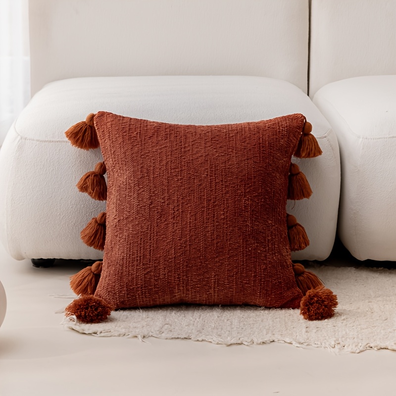 TEMU 1pc Cute Boho Style Decorative Throw Pillow Covers With Handmade 10 Tassels, Chenille Fabric Bamboo Stripe Cover Set Is Suitable For Sofas,