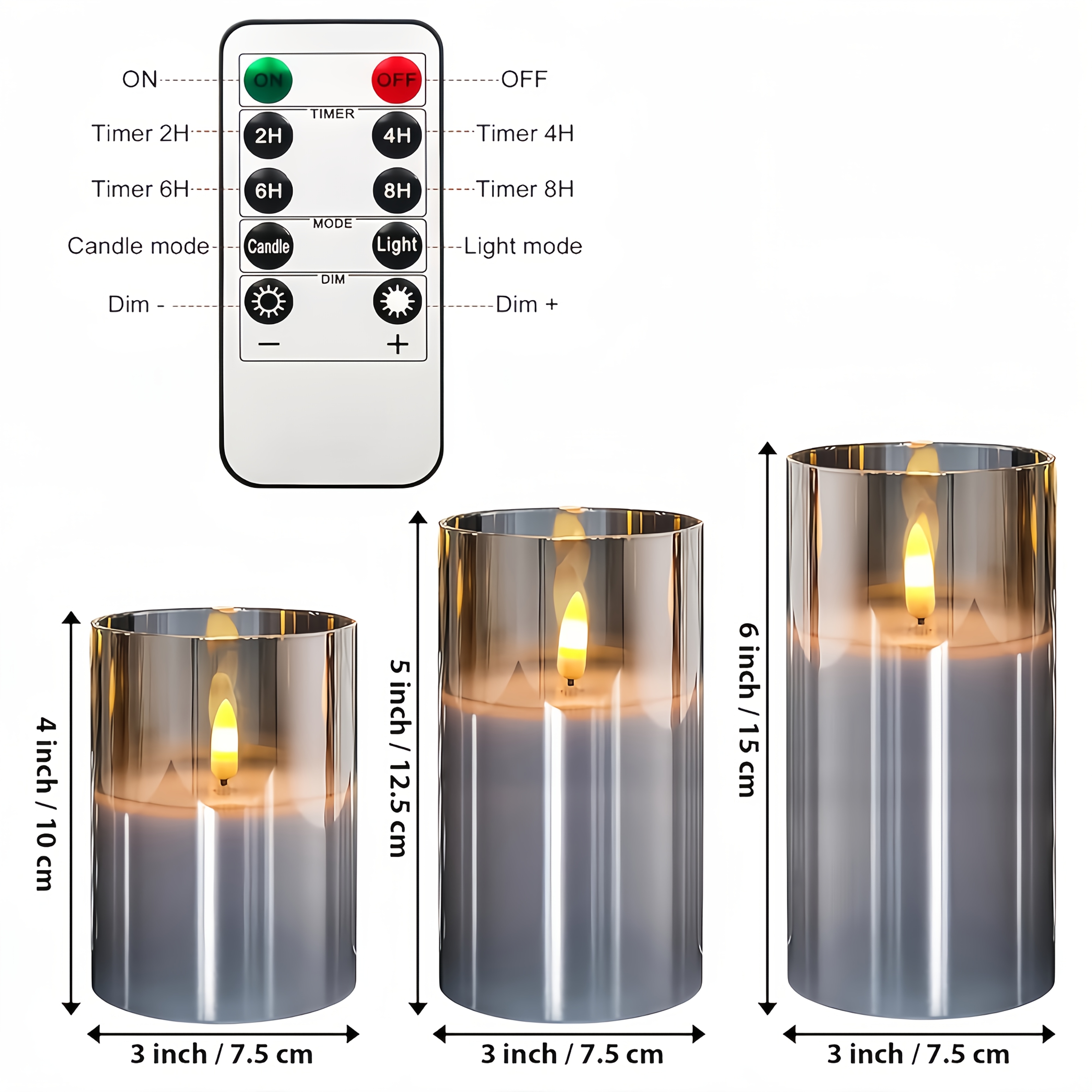 3 stuks Grijze Vlamloze LED Kaarsen met Afstandsbediening | Batterijgevoede Flikkerende 3D Lontjes