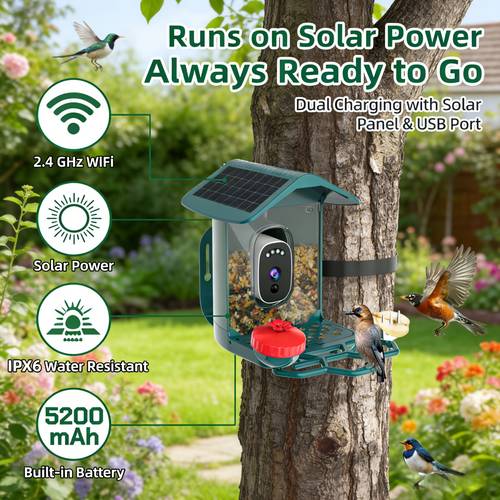 item picture solar powered bird feeder monitor with ai recognition of full hd human detection ipx6 surveillance rechargeable battery plastic by