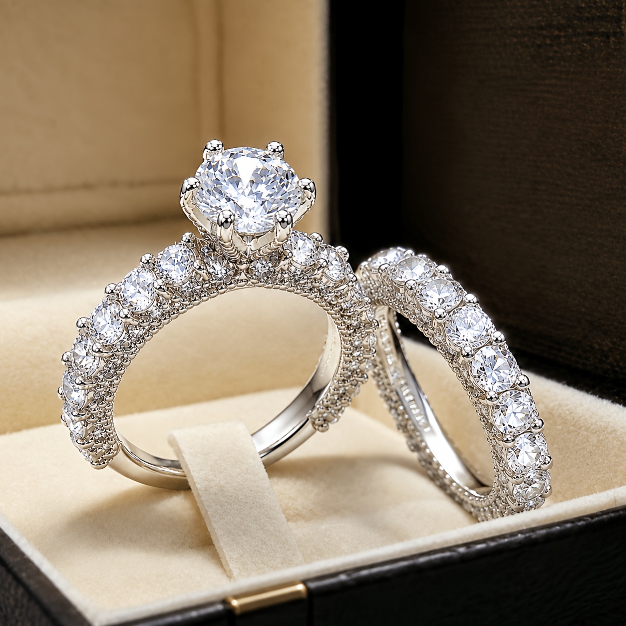 2pcs Luxury Silvery-colored 5a Zirconia Solitaire Ring Set Men Women Unisex Engagement Wedding Promise Pave Stackable Band Anniversary Gift Jewelry