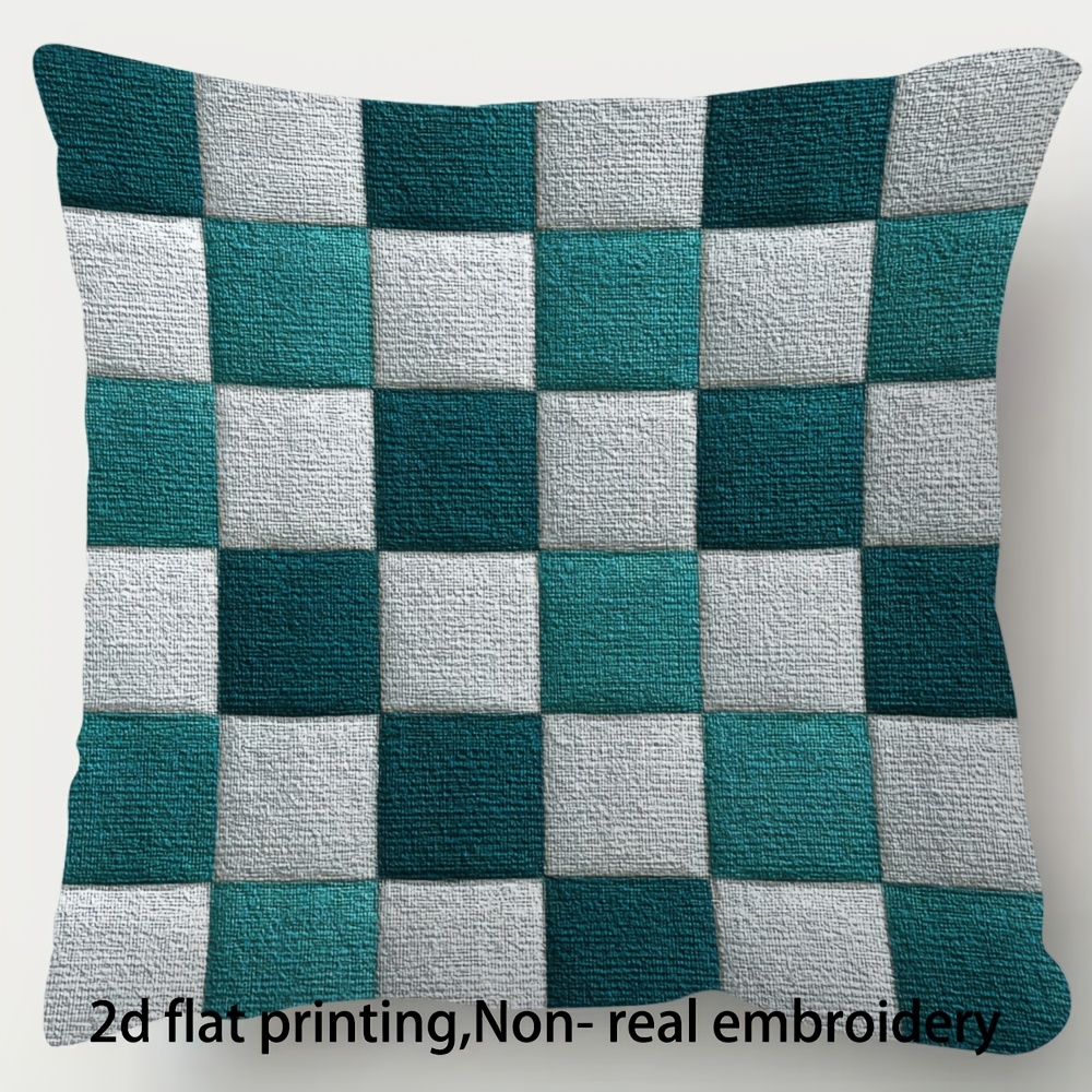 2D Flat Printing 1pc Multi-Size Throw Pillow Cover Teal And White Checkered Pattern Suitable for Sofa, Terrace, And Living Room Decoration Xdbz1370