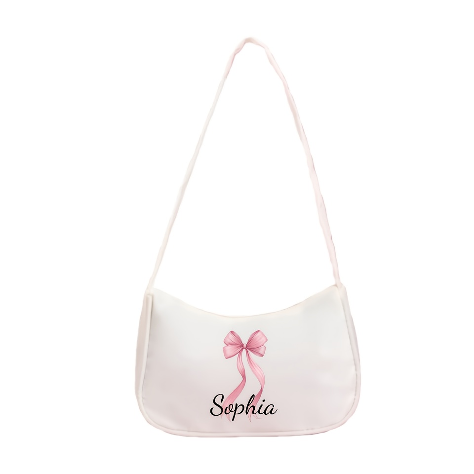 TEMU Personalized Name/text Bag - Bow Print & Text Nylon Handbag With Zipper Closure, Lightweight Compact Gift Suitable For Travel, New Year,
