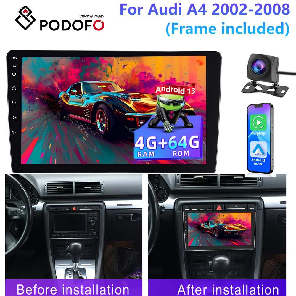 Image of Podofo 4+64g Car Stereo For A4 2002-2008 (frame Included) Double Din Radio With 9 Inch Touch Screen, Carplay Auto Radio With Gps Navigation//dsp/wireless And Ahd Backup Camera