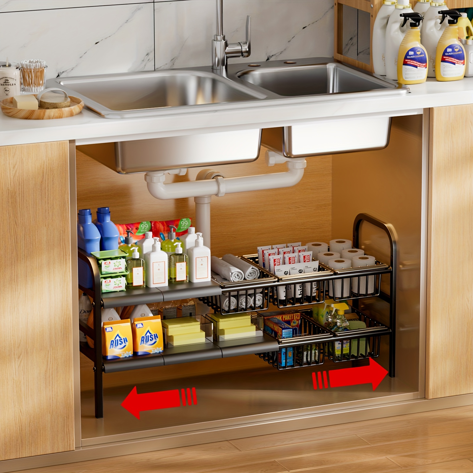 TEMU Double-layer Adjustable Kitchen Storage Rack, A Kitchen Storage And Organization Essential, With Under-sink Storage, Featuring 5 Shelves And 5