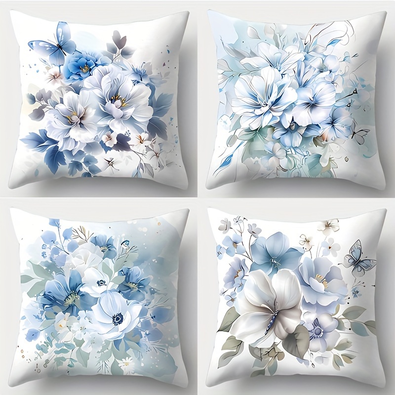 

Contemporary Floral Throw Pillow Covers Set Of 4 – 18"x18" Zippered Polyester Pillowcases, Hand Washable, Woven Decorative Cushion Covers For Sofa, Bedroom, And Home Decor – Blue Flower Print